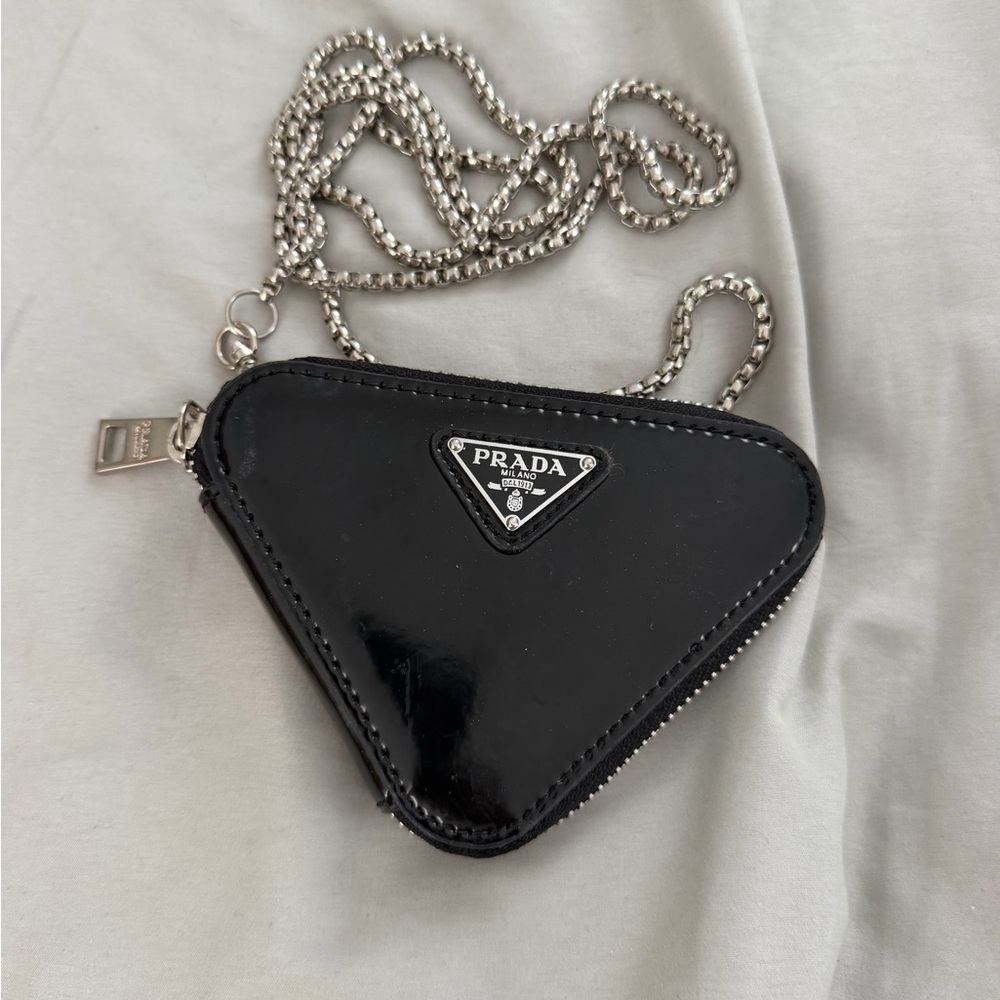 Prada Triangle Patent Leather Chain Mini Pouch / Coin Purse